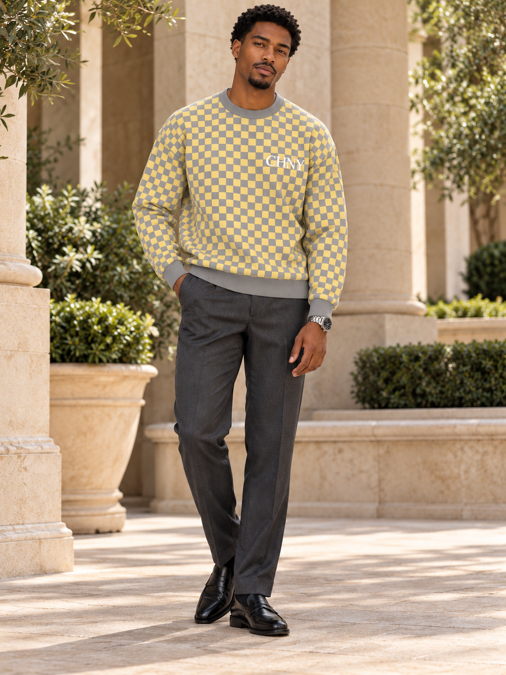 CHNY Checkmate Jacquard Sweater — Limestone