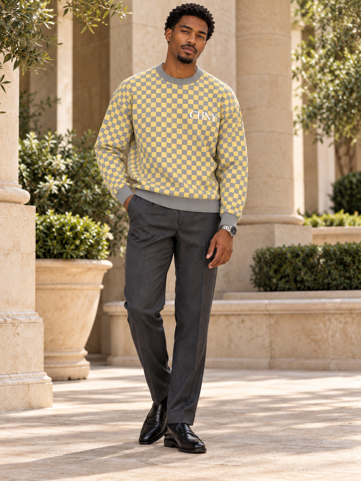 CHNY Checkmate Jacquard Sweater — Limestone
