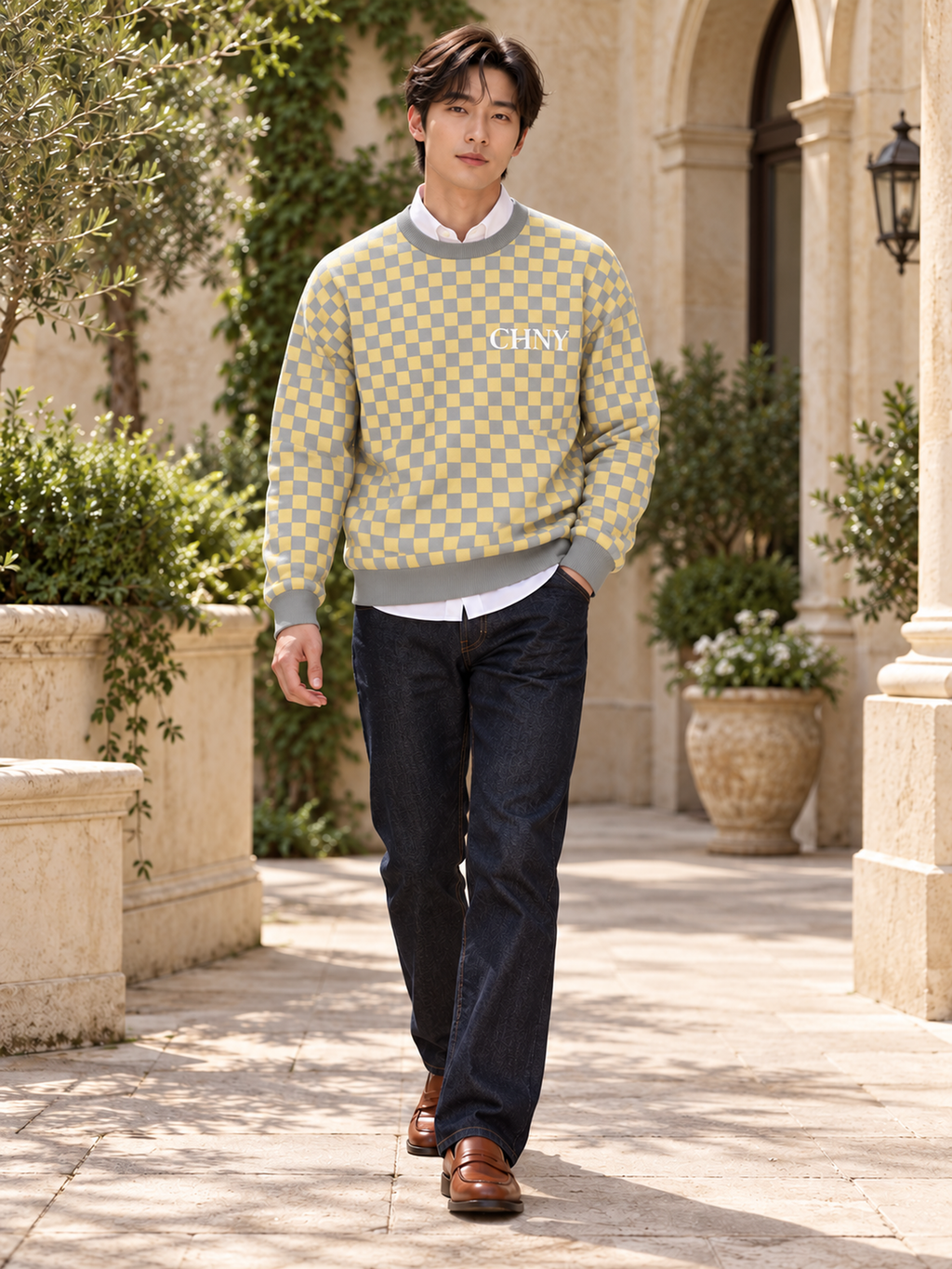 CHNY Checkmate Jacquard Sweater — Limestone