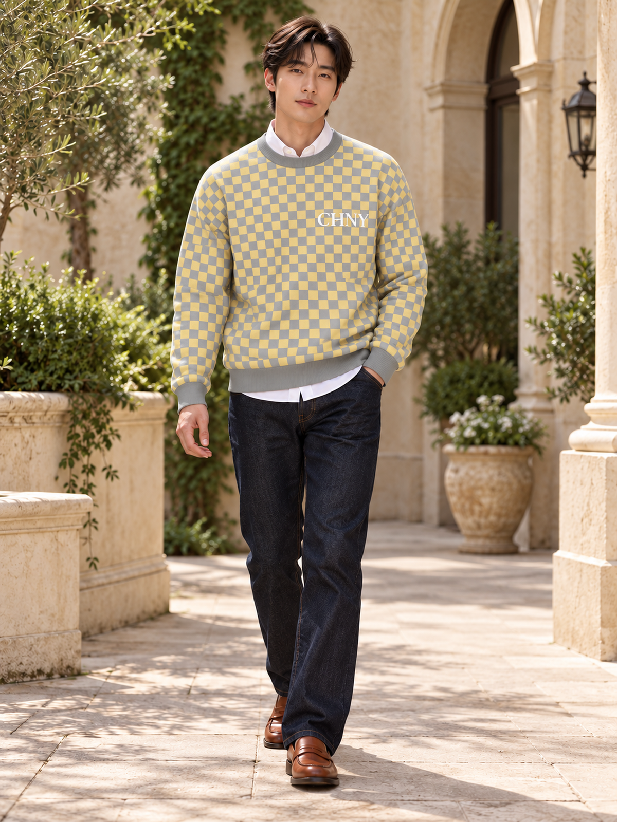 CHNY Checkmate Jacquard Sweater — Limestone
