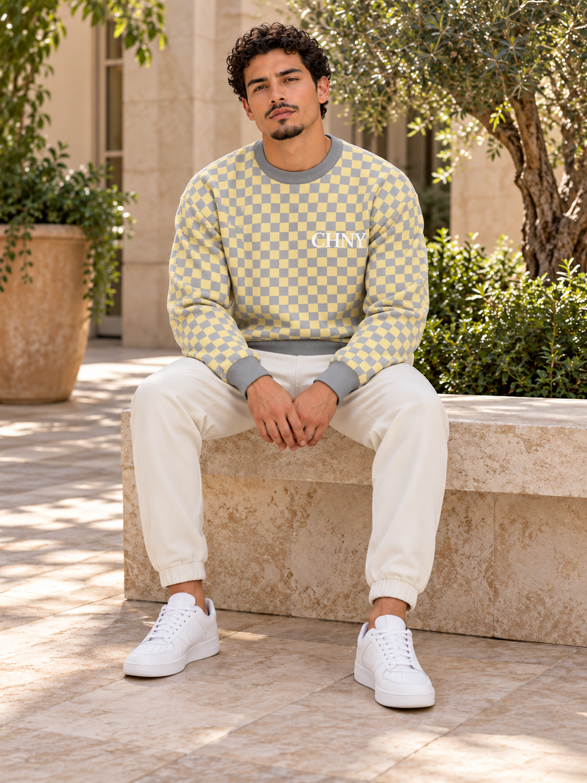 CHNY Checkmate Jacquard Sweater — Limestone